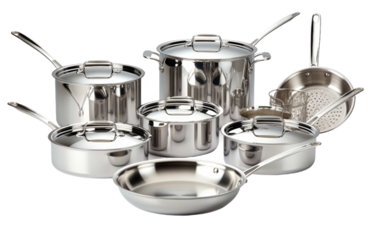 Set of Stainless Steel Pots and Pans. On a Clear PNG or White Background.