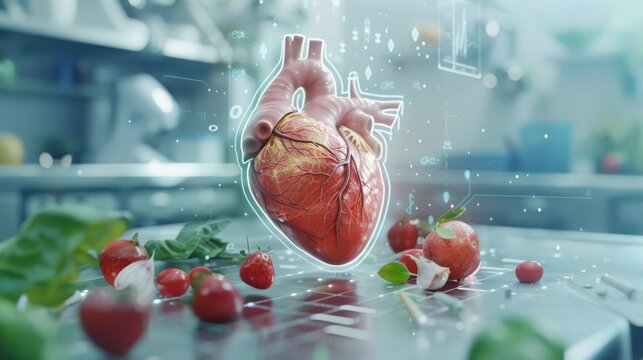 wholesome food in the heart and cardiograph on a medical abstract whiteboard.
- Powered by Adobe