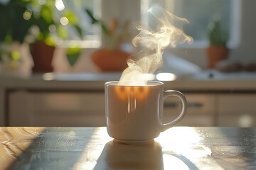 Coffee Mug: White coffee mug Steaming hot coffee inside Natural daylight Close-up shot
 - obrazy, fototapety, plakaty
