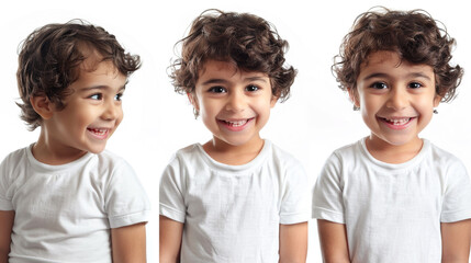 Cheerful little boy depicted in three different postures on white. - obrazy, fototapety, plakaty