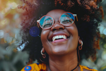 Joyful African American Woman Smiling with Colorful Glasses