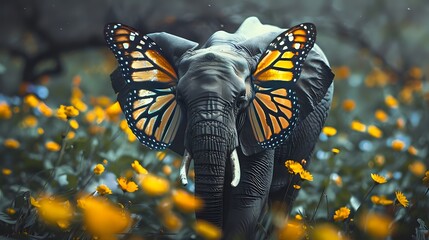 Unusual Imagery: Elephant Captured with Beautiful Butterfly Wings in Photograph - obrazy, fototapety, plakaty