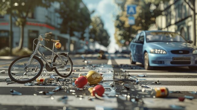 The concept of a car accident involving a bicycle, shattered glasses, and groceries scattered on the