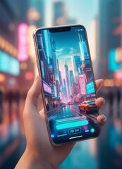 A hand holds a smartphone displaying a vibrant, futuristic cityscape, blending the line between digital and physical realities. The image juxtaposes modern technology with an imagined future urban - obrazy, fototapety, plakaty