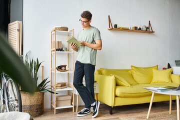 handsome student in 20s with brown hair and vision glasses in living room standing and reading book - obrazy, fototapety, plakaty