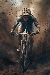 Mountain bike rider riding a bike on a muddy terrain