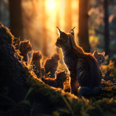 Wild cat family in the forest in the summer evening with setting sun. Group of wild animals in nature.