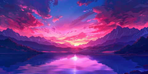 Majestic Purple Sunset Over Serene Mountain Lake