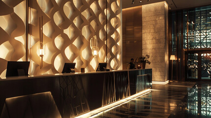 Cinematic allure fills the lobby, as dramatic lighting plays upon the architectural intricacies of the reception desk, casting captivating shadows and igniting curiosity.
