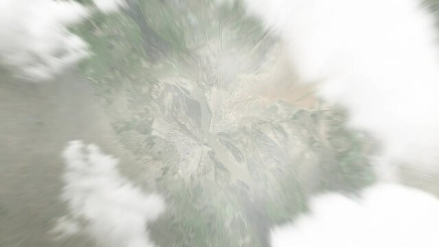 Earth zoom in from space to Atamyrat, Turkmenistan. Followed by zoom out through clouds and atmosphere into space. Satellite view. Travel intro. Images from NASA