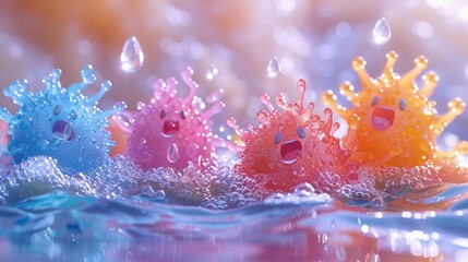 Visualize a 3D scene where bacteria characters are participating in an obstacle course around dental tools, educating viewers on the challenges of maintaining oral hygiene in a fun way, vibrant color