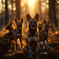 Wild dogs standing in the forest with setting sun shining. Group of wild animals in nature.