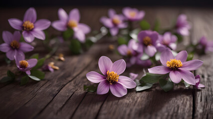 Fototapeta premium Fresh flowers with Frame on wooden background with with empty space for greeting message. Love and greeting concept design. AI generated image, ai