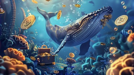 Underwater scene featuring a whale and treasure chest surrounded by floating bitcoin graphs