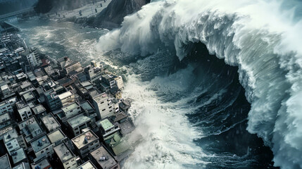 A huge tsunami wave engulfing the city, top view 