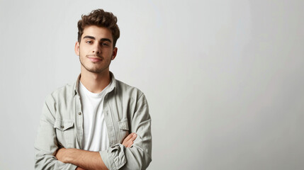 Confident young man in casual attire on a white backdrop.