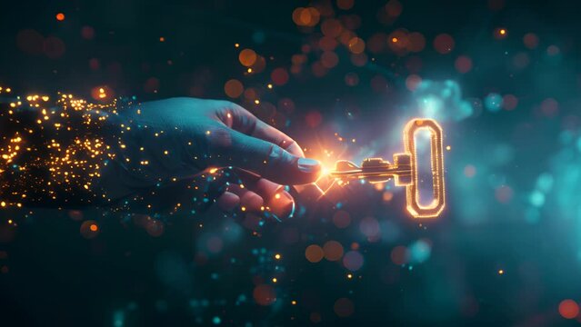 An ethereal hand presents a glowing digital key in a surreal 3D environment, symbolizing cyber-security, digital access, and the unlocking of virtual potentials.