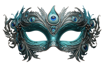 Blue Mask With Feathers. On a Clear PNG or White Background.