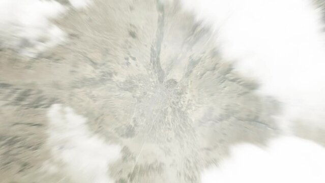 Earth zoom in from space to Ghazni, Afghanistan. Followed by zoom out through clouds and atmosphere into space. Satellite view. Travel intro. Images from NASA