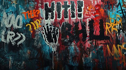 graffiti illustration of grungy noise concrete texture contemporary artful abstract hand write script and spray painted numbers and letter on wall, graffiti neo-punk style, Generative Ai