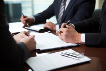 A group of business people in blazers are sharing papers at an event