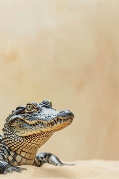 A young crocodile poses with a sandy backdrop, ideal for nature themes, conservation efforts, educational content, or creative projects. Copy space for text. Vertical picture.