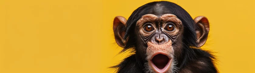 Poster Cute, surprised monkey with large, captivating eyes on yellow background. Ideal for promotions, great deals or offers. Good price, Black Friday, discount. Copy space for text. © Kassiopeia 