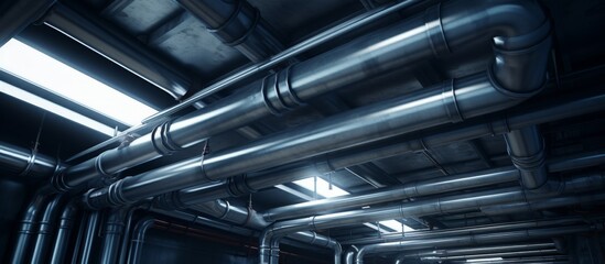 Composite material pipes with a grille pattern hang from the buildings ceiling. Made of metal, including aluminium and nickel, these pipes are used for gas engineering - obrazy, fototapety, plakaty