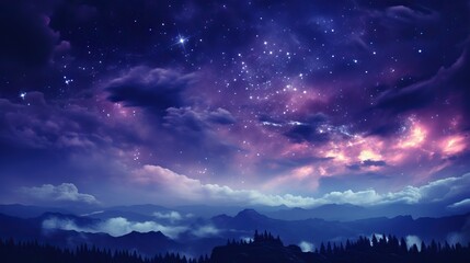 Mystical clouds and a star-studded sky converge above serene mountain peaks - obrazy, fototapety, plakaty
