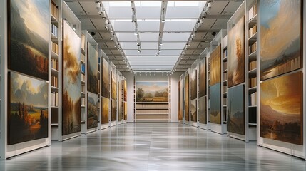 Pull-out art storage, large painting storage rack, professional tidy museum storage. Generative AI.