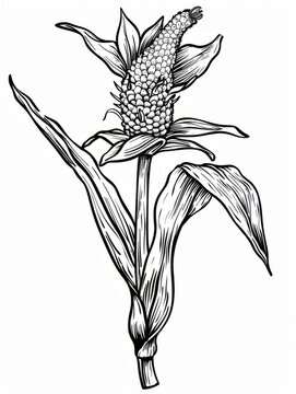 The detailed pen and ink illustration captures the essence of a corn stalk with leaves, husks, and tassel against a clean white backdrop, showcasing intricate plant details.