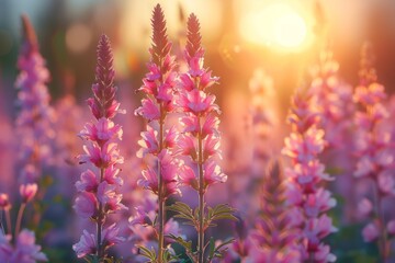 A Serene Sunset Amidst Blooming Pink Flowers in Nature - obrazy, fototapety, plakaty