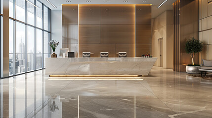 Embracing minimalism in lobby design, a sleek reception desk stands amidst clean lines and understated elegance, complemented by expansive windows offering glimpses of the cityscape.
