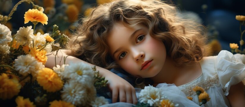 A young girl with long hair and big eyes, wearing a white dress, lies in a bed of colorful flowers. She looks happy, the scene almost feels like a photomontage