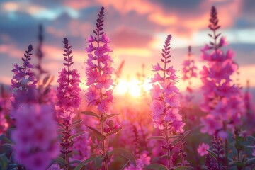 A Serene Evening with Blooming Pink Flowers Under the Sunset Sky