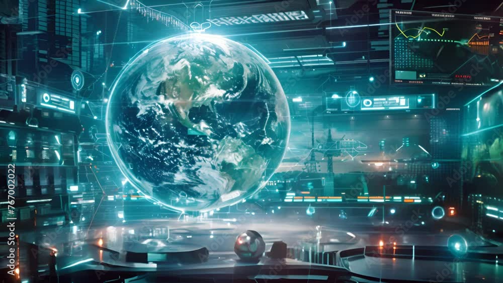 Poster an immersive 3d animation displaying a holographic representation of planet earth within a futuristi