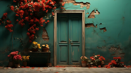 Fototapeta na wymiar Enchanting Portal: A Verdant Wall Adorned with Vibrant Flowers Surrounds a Rustic Wooden Door, Inviting Whispers of Nature's Tranquility and Charm