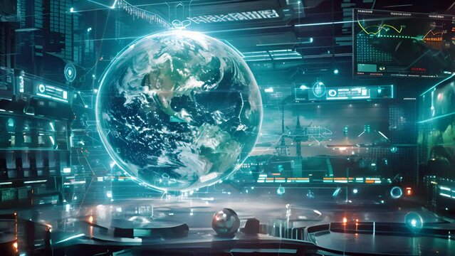 An immersive 3D animation displaying a holographic representation of planet Earth within a futuristic digital command center, showcasing global connectivity and high-tech surveillance