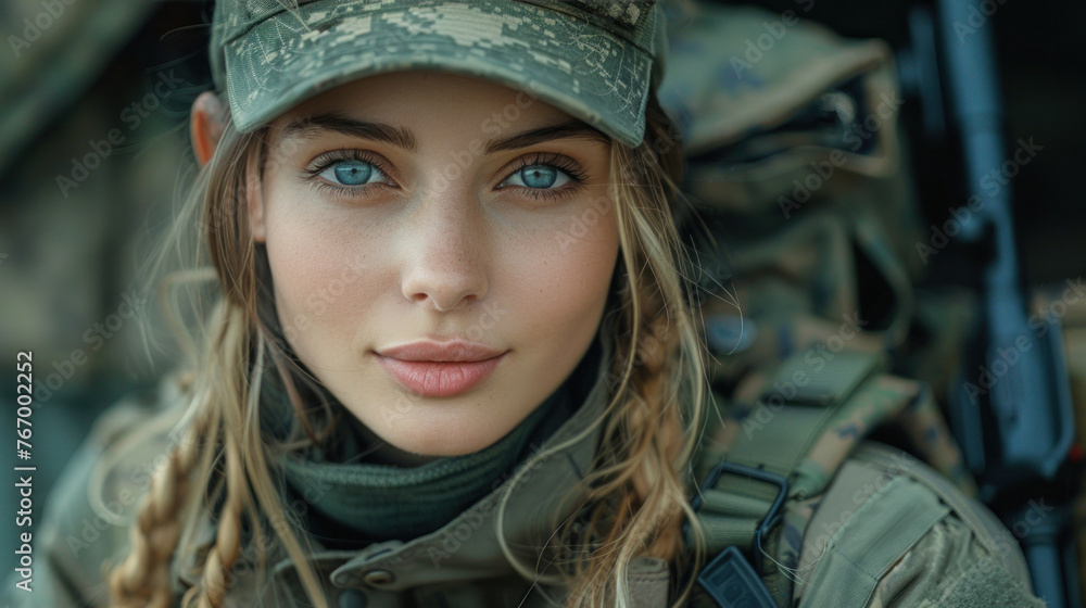 Wall mural a beautiful girl soldier with blue eyes in a military uniform, full of determination and courage, in - Wall murals