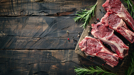 Fresh raw meat placed on rustic wooden table. - obrazy, fototapety, plakaty