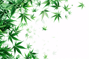 Green cannabis leaves with ample white space on the right