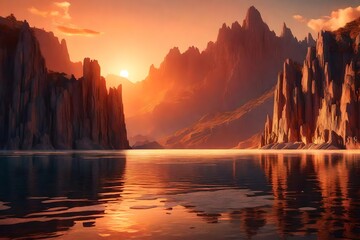 3d render, fantastic sunset landscape panorama with cliffs reflecting in the water. Abstract unique background. Spiritual zen wallpaper