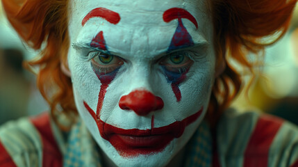 Close-up of a clown with dramatic makeup and intense expression. - obrazy, fototapety, plakaty