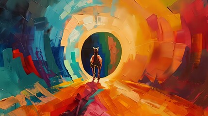 Whimsical Cubist Scene: Camel Emerging from Vibrant Colorful Abyss - obrazy, fototapety, plakaty
