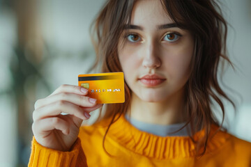 Stylish woman in orange holding a credit card confidently