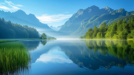 Serenity at dawn: tranquil mountain lake with mist and reflections - obrazy, fototapety, plakaty
