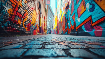 Vibrant street art painting on an urban alleyway, showcasing bold graffiti creativity and city...