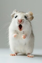 Captivating white mouse with an astonished expression on a simple background, ideal for pet ads, scientific articles, or humorous content. Surprised animal.