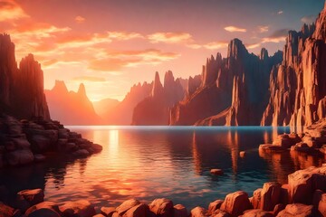 3d render, fantastic sunset landscape panorama with cliffs reflecting in the water. Abstract unique...