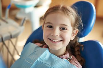 Smiling little girl sitting in dental chair at a pediatric dentist